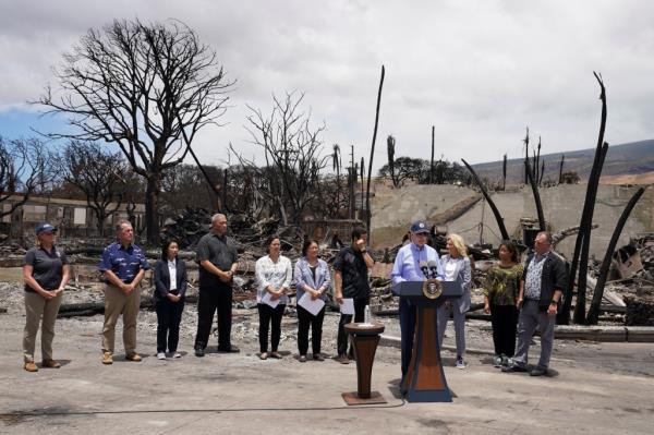 Biden speaks during his visit to the fire-ravaged town of Lahaina on the island of Maui in Hawaii, U.S., August 21, 2023. 