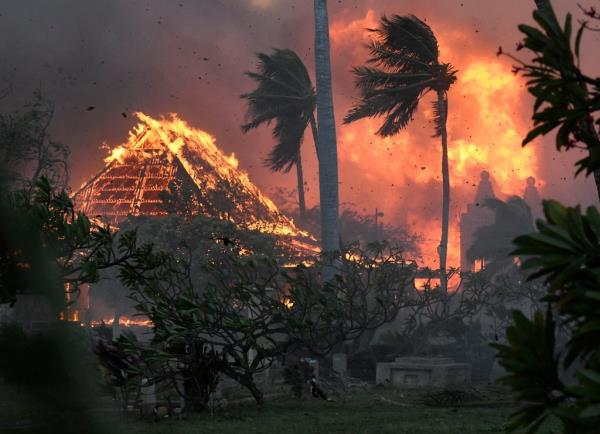 The historic Waiola Church in Lahaina engulfed in flames during the wildfire on Maui on August 8, 2023.