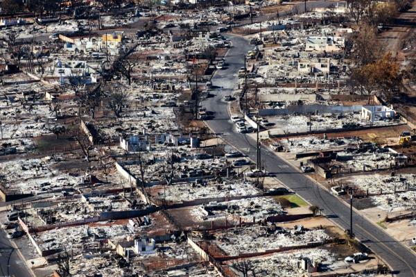 An entire neighborhood in Lahaina destroyed by the wildfire.