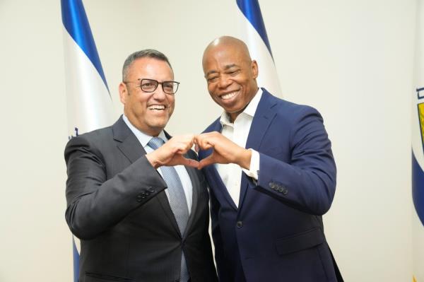 Mayor Erica Adams meeting with Mayor of Jerusalem Moshe Lion in Jerusalem's City Hall on August 21, 2023.