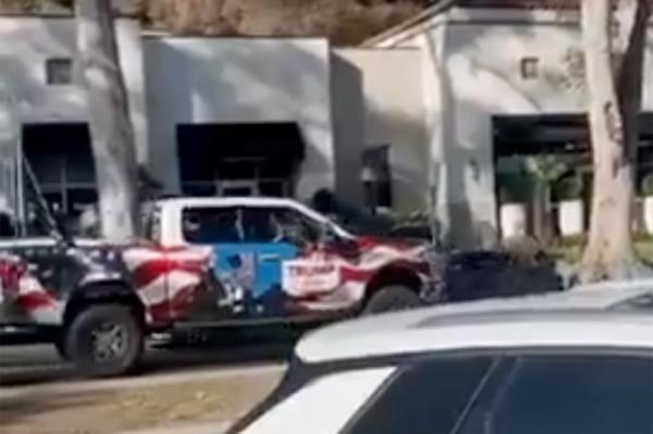 A truck with a broken window at the Mo<em></em>ntecito Trump Parade